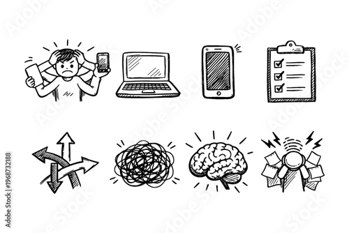 Overwhelmed person juggling tasks with technology and a cluttered mind