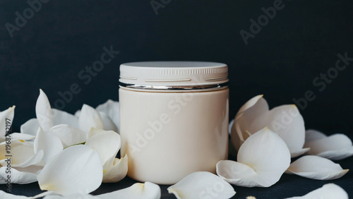 Cream jar with flower petals falling around. Ai generated.