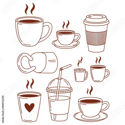 Various styles of coffee cups and their contents illustrated in a simple sketch