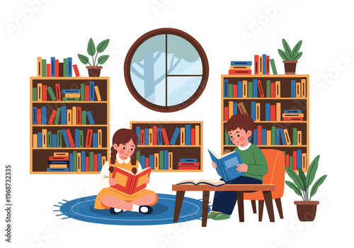 Flat style vector illustration of children reading books in a school library, sitting with shelves background, promoting literacy and calm focused learning environment