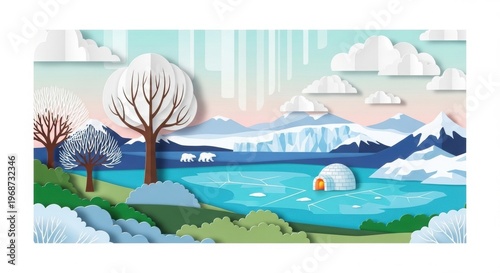 A serene winter landscape with a frozen lake and snow-capped mountains under a pastel sky