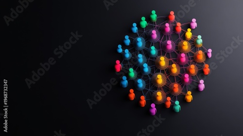 Dynamic 3D colorful human figures, some glowing, form an intricate network on a dark backdrop, symbolizing social interaction, global community and digital collaboration. Social Media,