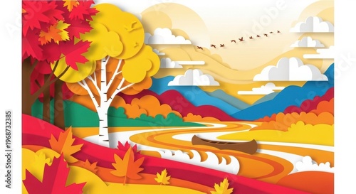 A vibrant and colorful illustration of a winding road through a scenic autumn landscape with trees, mountains, and a cloudy sky.