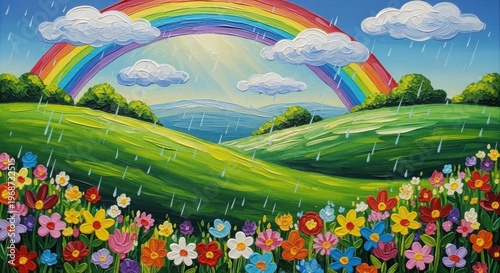 A vibrant rainbow stretches across a lush green landscape with colorful flowers and fluffy white clouds in a serene natural setting.