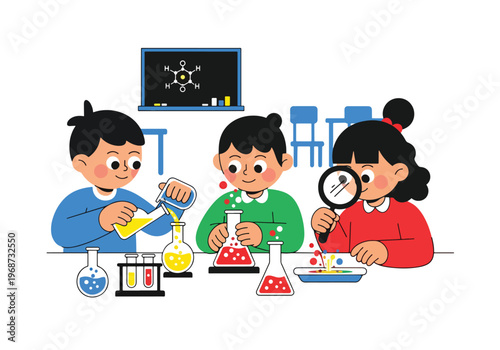 Flat style vector illustration of children conducting science experiments in classroom using lab tools, showing curiosity and discovery in STEM education activities