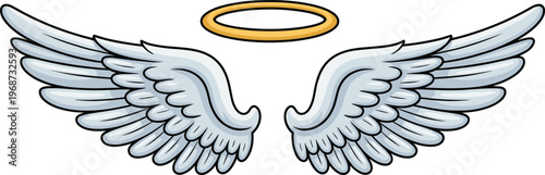 White angel wings vector illustration with golden halo isolated on white background for religious memorial heaven and spiritual peace graphic design,