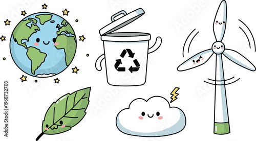 Cute Eco-Friendly Icons Set Featuring Earth, Recycling, Wind Energy, Cloud, and Green Leaf for Websites and Apps