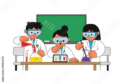 Flat style vector illustration of children conducting science experiments in classroom using lab tools, showing curiosity and discovery in STEM education activities