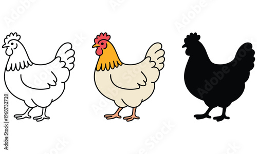 Three cartoon chickens in different styles on white background