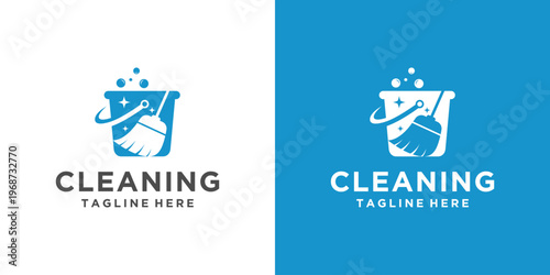 Cleaning service logo design with bucket and broom blue color.