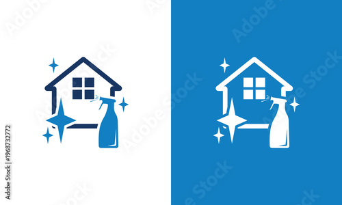Cleaning service logo with house and spray bottle blue and white design.