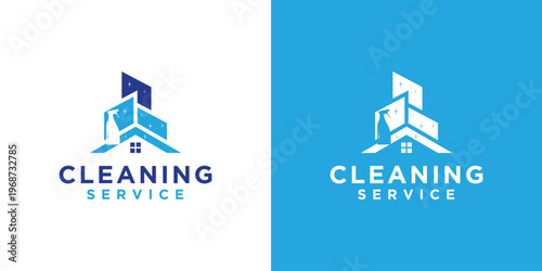 Cleaning Service Logo Design with Building and House Icon.