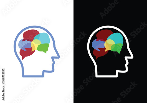 Human mind with speech bubbles representing thoughts and ideas.