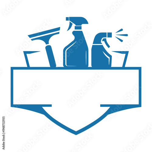 Cleaning tools and products in a shield-shaped badge.