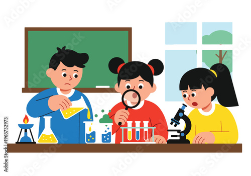 Flat style vector illustration of children conducting science experiments in classroom using lab tools, showing curiosity and discovery in STEM education activities