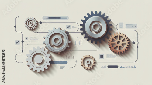 Interconnected metal gears and machinery components on a beige background with technical diagrams