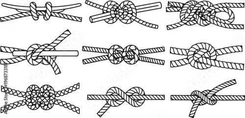 Line drawings of various types of knots and their tying sequences Vector