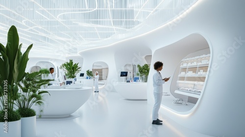 Futuristic Biophilic Pharmacy Wide, minimalist white interior, organic curves, brilliant ceiling lights, scientists, tech displays and lush plants. Modern wellness design. ,Healthcare