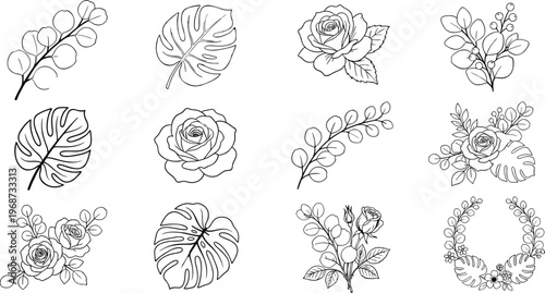 Vector set of decorative floral and leaf illustrations featuring eucalyptus monstera and roses in a soft muted palette.