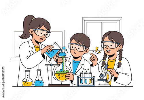 Flat style vector illustration of children conducting science experiments in classroom using lab tools, showing curiosity and discovery in STEM education activities