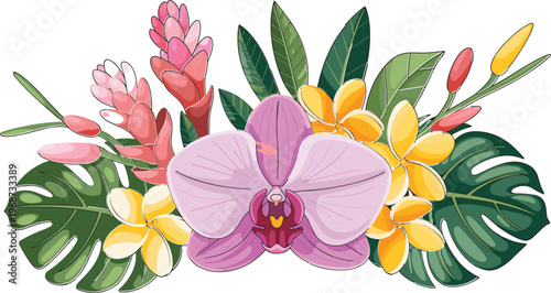 Tropical floral bouquet vector illustration featuring orchid frangipani plumeria and monstera leaves for exotic summer wedding and botanical spa beauty design,