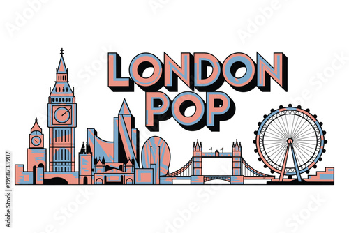 London pop art skyline illustration featuring iconic landmarks like big ben tower bridge and london eye with retro colorful graphic style