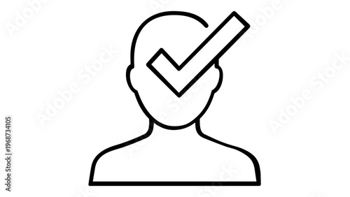 Minimalist vector icon illustration of a person's head with a checkmark symbol, representing identity verification, user authentication, security approval, privacy protection, and profile validation.