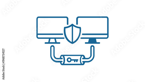 Cybersecurity vector icon illustration of a secure network firewall showing two computer monitors connected via an encrypted data tunnel with a protective shield and key for online privacy.