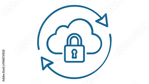 Secure cloud computing vector icon illustration with a padlock inside a cloud and circular arrows, representing data protection, firewall, synchronization, privacy, and secure backup system.