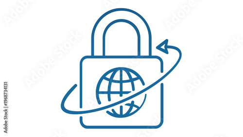 Global Security and Data Privacy Vector Icon Illustration Featuring a Padlock with a Globe and Circular Arrow, Representing Network Protection, Firewall, and Secure International Communication.