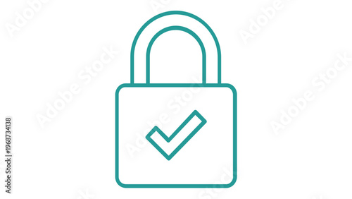 Teal minimalist vector icon illustration of a secure padlock with a checkmark, representing digital security, data privacy, identity verification, safety, and authorized access protection.