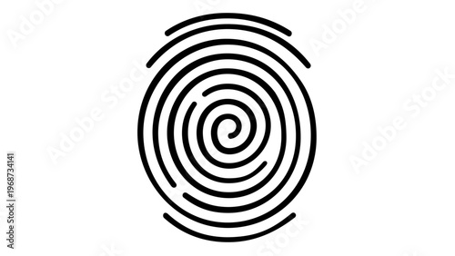 Minimalist black and white vector illustration of a spiral fingerprint icon, representing biometric security, digital identity, privacy protection, and unique human identification.