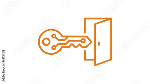 Digital security and smart access vector icon illustration featuring an orange line art key with circuit board patterns opening a door, representing privacy, technology, and secure entry systems.