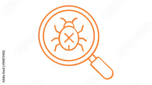 Vector icon illustration of a magnifying glass inspecting a bug with an X mark, representing software debugging, malware detection, virus scanning, and cybersecurity testing in a gradient style.