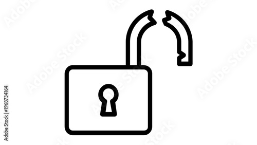 Broken padlock vector icon illustration representing a security breach, data vulnerability, or hacked system. Minimalist black line art design for web and mobile UI/UX applications. Scalable.