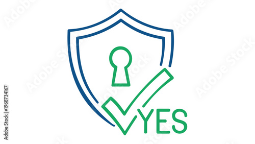 Free Download Scalable vector icon illustration featuring a blue outline shield with a central keyhole and a green checkmark tick with the word YES, representing security, privacy, and verified permission. - GFXLoad