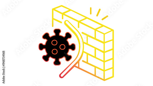 Vector illustration of a virus blocked by a brick wall and protective shield, representing immune system defense, cybersecurity firewall, and health protection against infectious diseases.