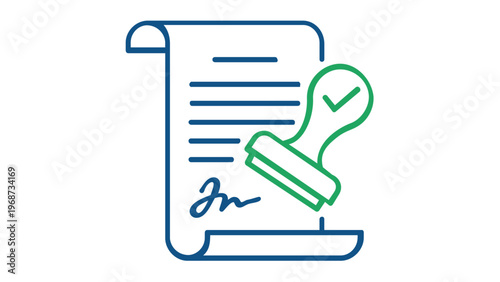 Permission line icon vector illustration featuring a signed document with an approved rubber stamp and checkmark, representing legal agreement, contract verification, and official authorization.