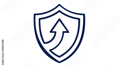 Security shield line icon vector illustration with upward arrow, representing protection growth, defense improvement, safety, and privacy. Minimalist flat design for web and mobile apps.