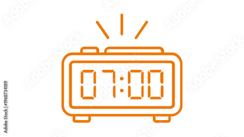 Orange digital alarm clock vector icon showing 07:00. Minimalist line art illustration of a ringing bedside clock for morning wake up, time management, deadline, and scheduling concepts.