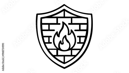 Firewall and VPN security icon vector illustration featuring a shield with a brick wall and flame symbol representing network protection, cyber security, and data privacy in a minimalist line art