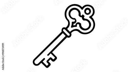 Vintage antique skeleton key vector icon illustration featuring a minimalist black line art design. Ideal for security, privacy, access, and unlocking concepts in web UI, logos, and graphics.