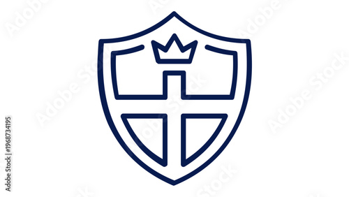 Dark blue minimalist shield line icon vector illustration with crown and cross. Professional security, protection, and privacy symbol for branding, web design, and digital apps. AI-generated.