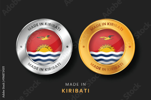 Circular gold and silver metallic seals with the Kiribati flag. High-quality "Made in Kiribati" emblems for local products, exports, and manufacturing origin certification.