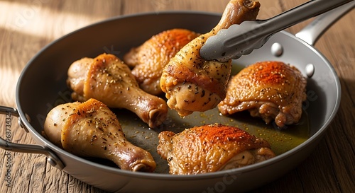 Delicious seasoned chicken drumsticks being lifted from a pan with tongs on wooden table