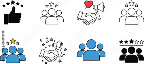 Collection of customer review and feedback icons featuring thumbs up with stars people group and handshake with megaphone for business rating testimonials and satisfaction.