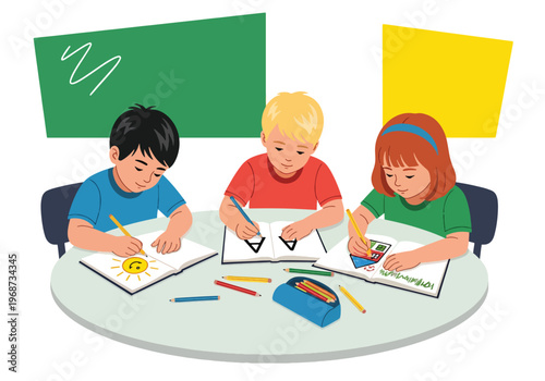 Flat style vector illustration of children writing and drawing at school desks with notebooks and crayons, creative learning activity in classroom education setting