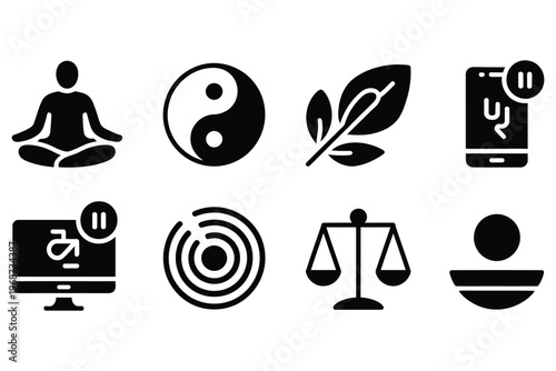 Wellness and mental balance collection depicting meditation yoga zen leaf mobile pause computer screen target scale human symbol icons