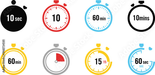 Collection of Stopwatch and Timer Icons Featuring Various Colorful Styles Minute and Second Intervals and Circular Progress Indicators for Interface Design Projects