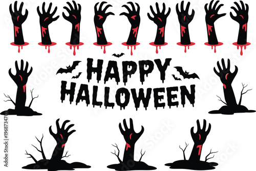 Happy Halloween vector set featuring creepy zombie hands rising from the ground with blood drips bats and spooky typography for holiday party invitations and decorations.